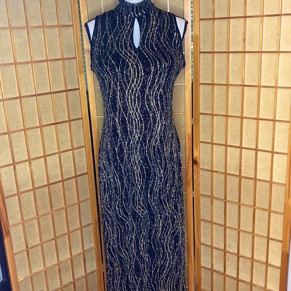 Coldwater Creek Dress Black Gold Silver Bodycon Evening Gown Dress - Picture 1 of 14